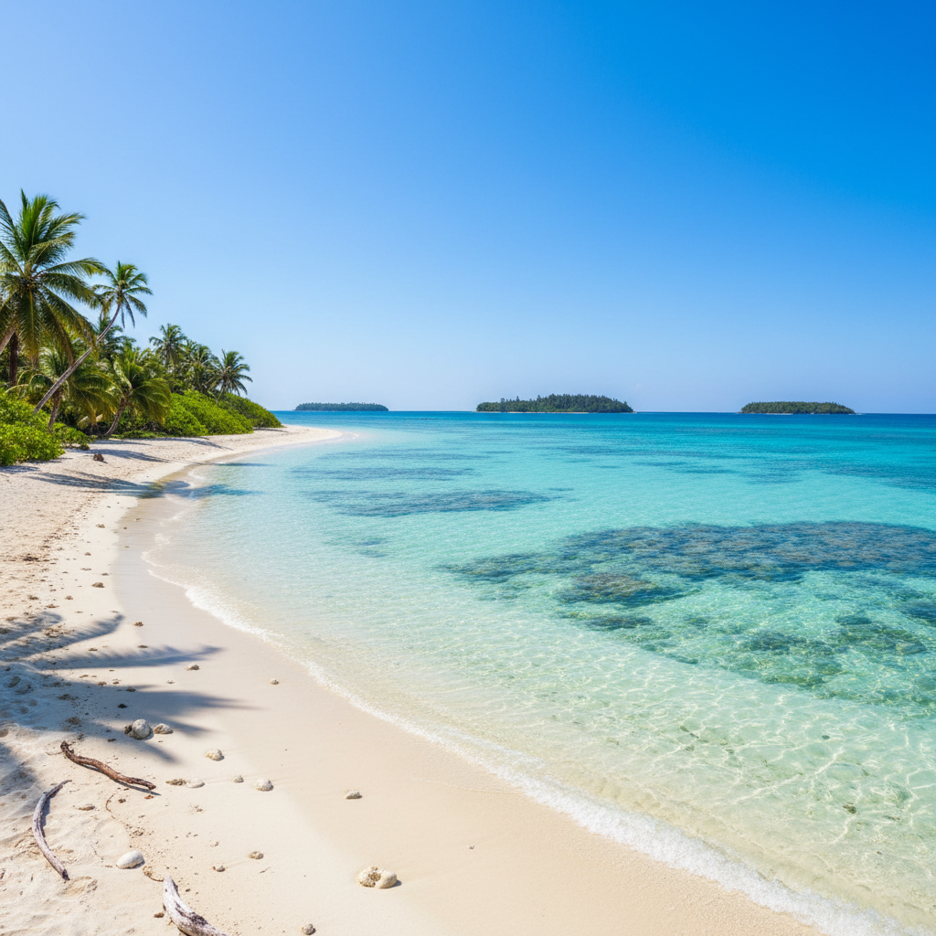 Tropical beach with crystal clear blue water and white sand, bright sunny day, vacation paradise