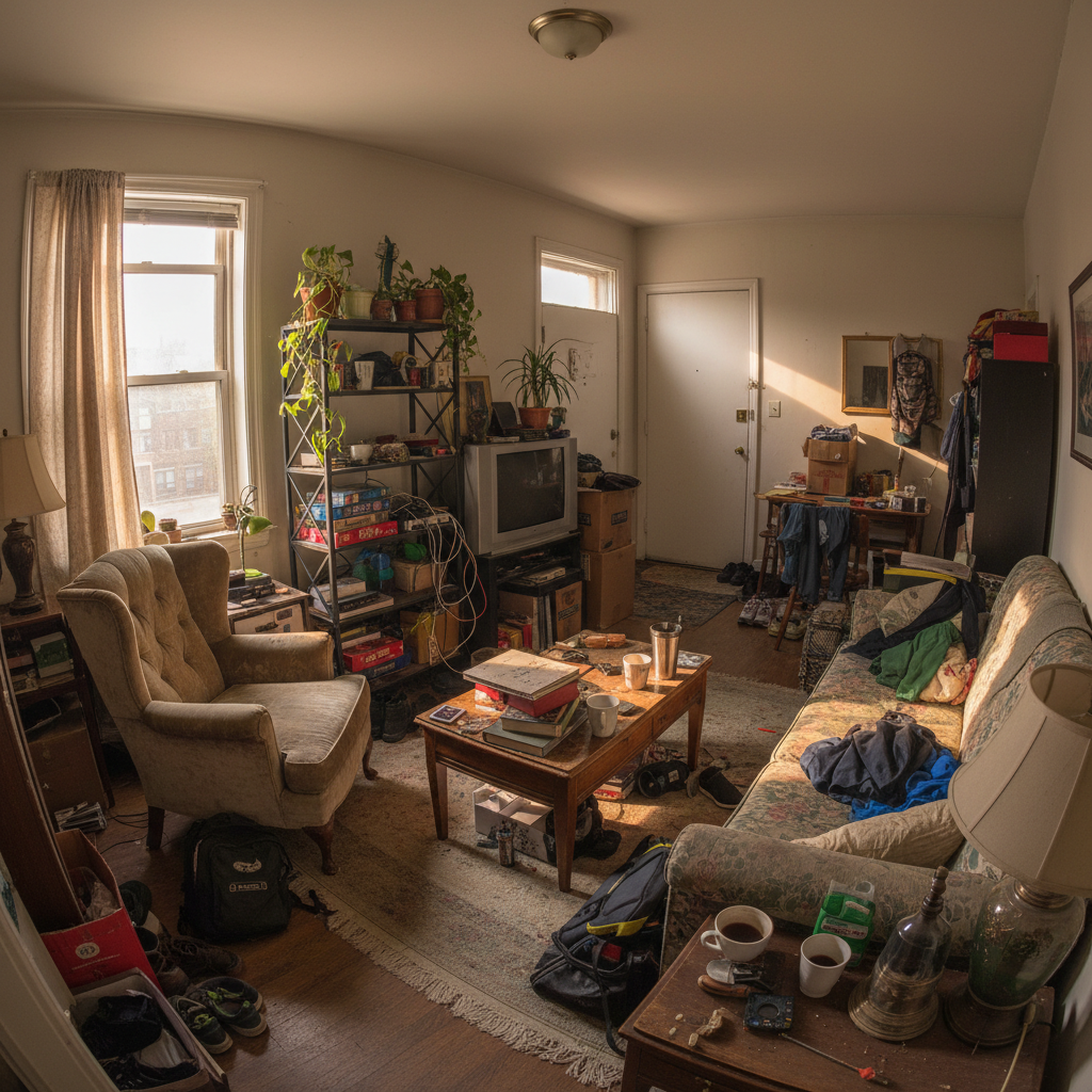 Small apartment living space with cluttered furniture arrangement