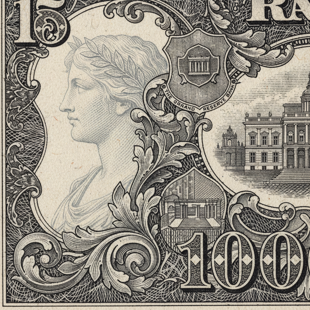Close-up detail of watermark and intaglio printing on rare collectible banknote showing intricate engraving work