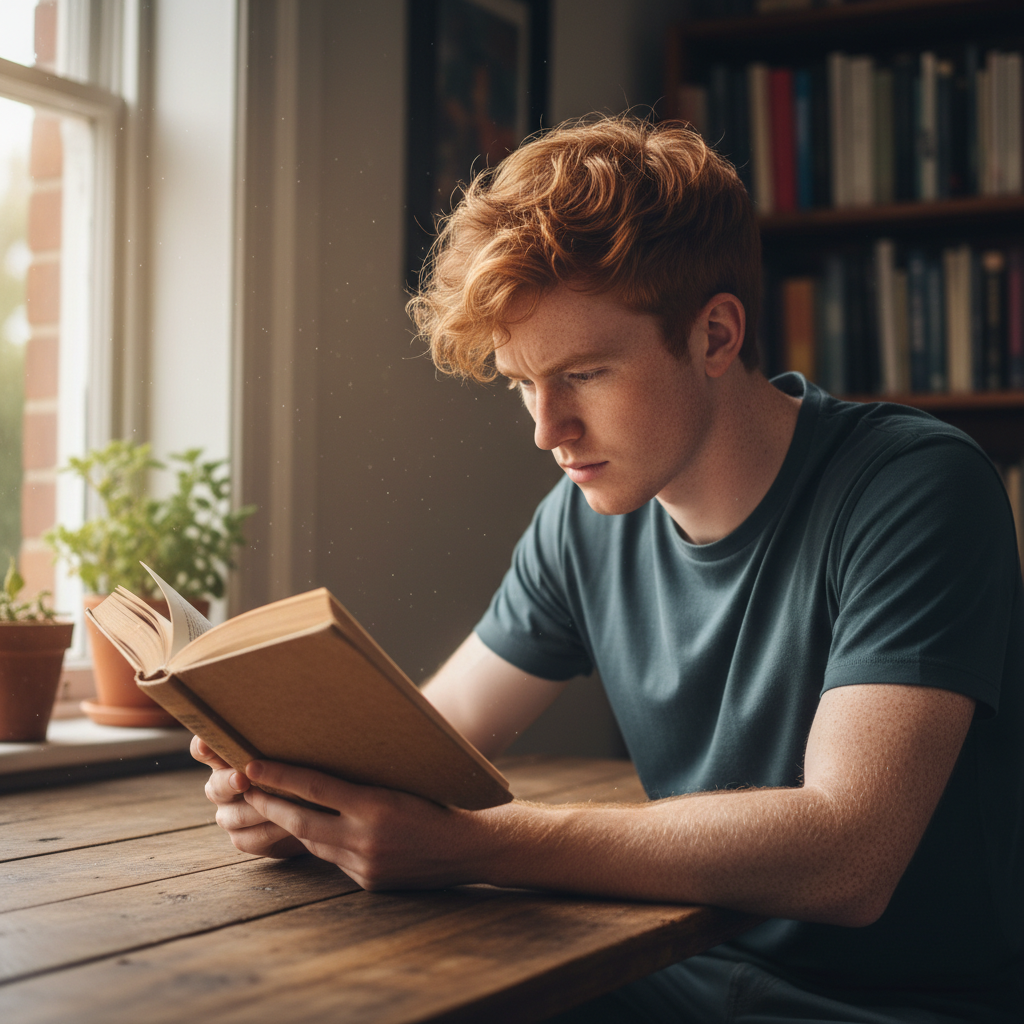 Declan O'Brien, a young man with red hair and freckles, reading at a wooden desk with natural light