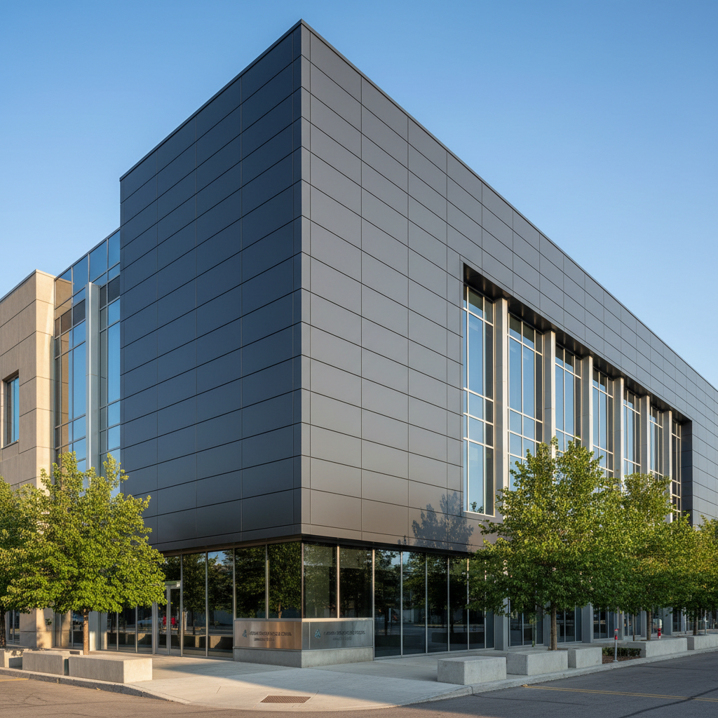 Completed architectural fiberglass installation on commercial building exterior, bright natural daylight, professional finish