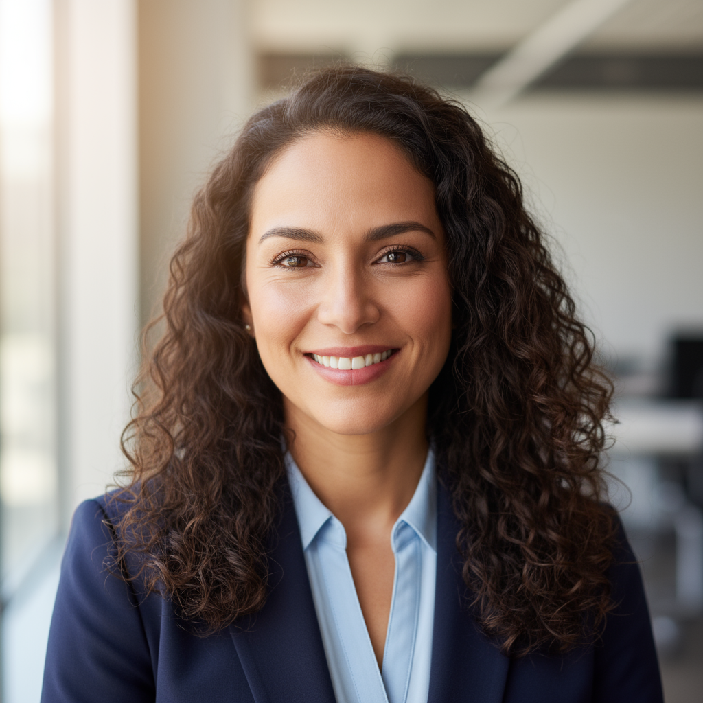 Hispanic professional woman with dark hair in business attire with warm smile