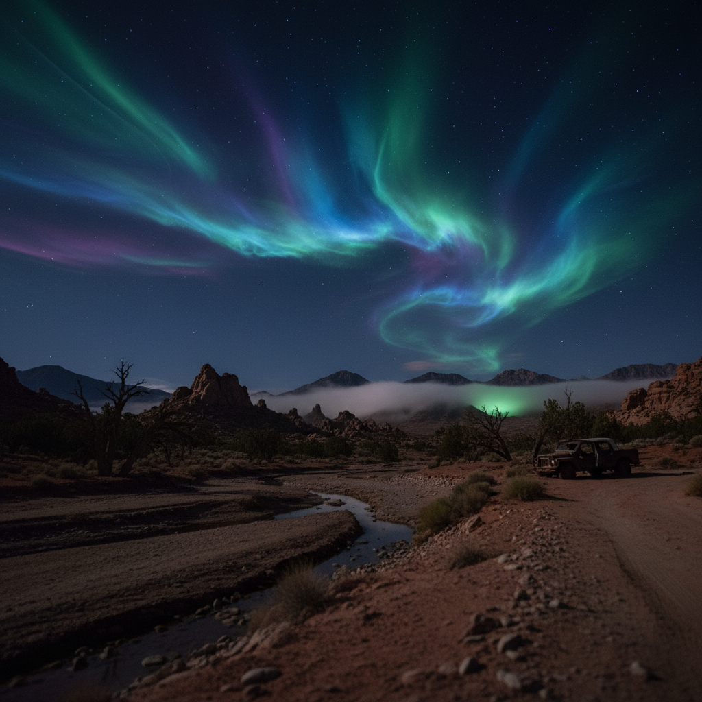 Dark night sky with unexplained light formations over remote landscape