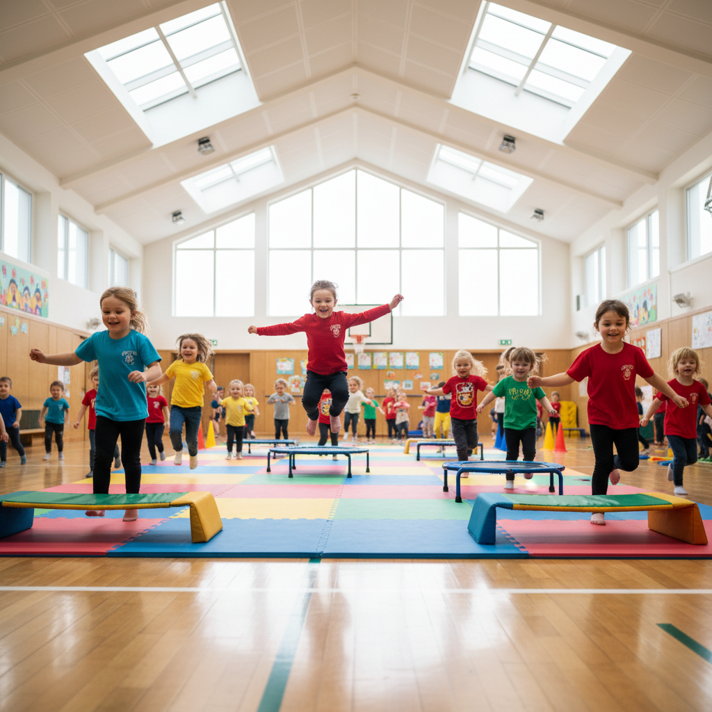 Kindergarten students doing movement activities in gym
