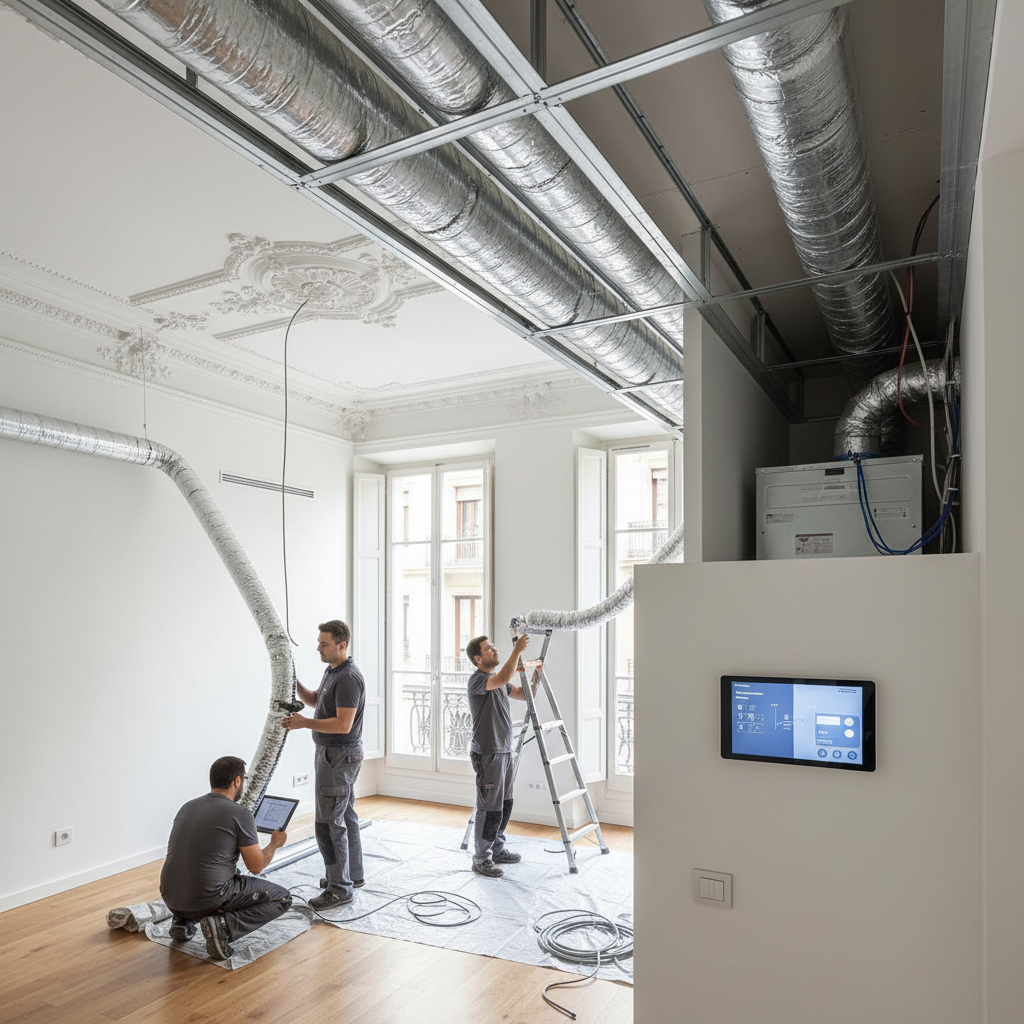 Instalación de aire acondicionado por conductos en piso del Eixample de 100m² con control domótico