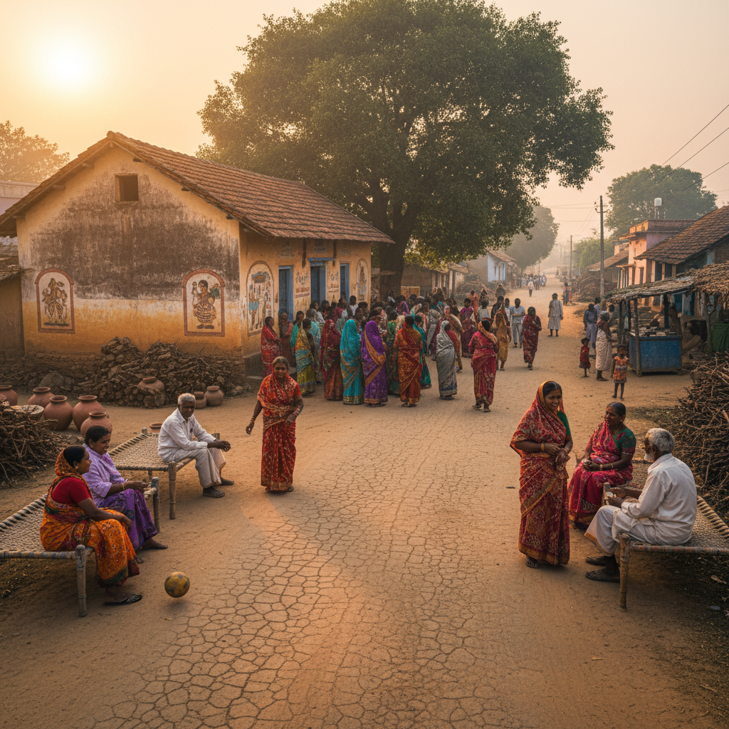 Tadikonda village roads and community center with residents gathering in evening