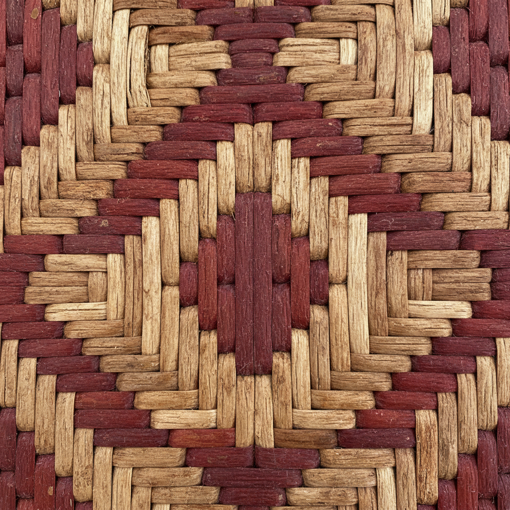 Close-up of hand-woven Coast Salish cedar blanket showing geometric chevron pattern in natural and red-dyed cedar strips