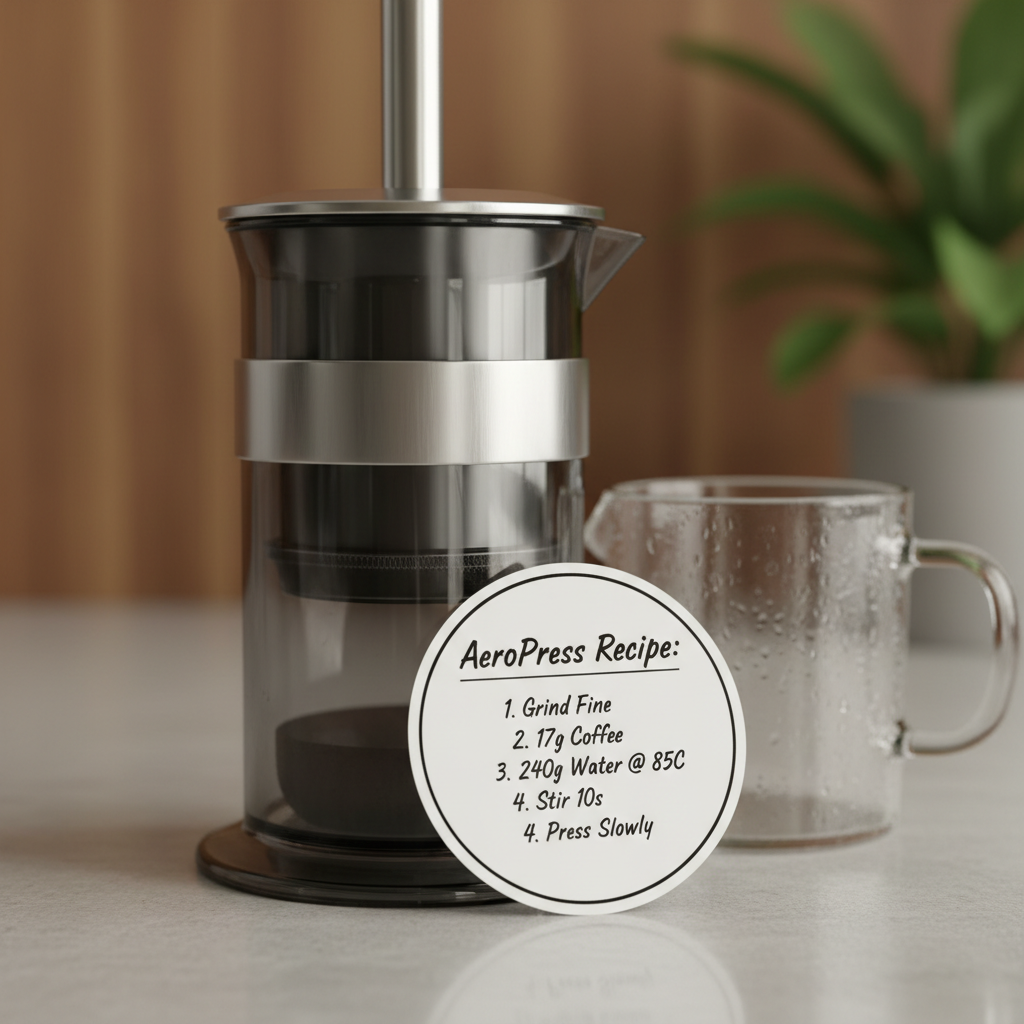 AeroPress coffee maker on wooden surface, clean modern kitchen, soft morning light through window