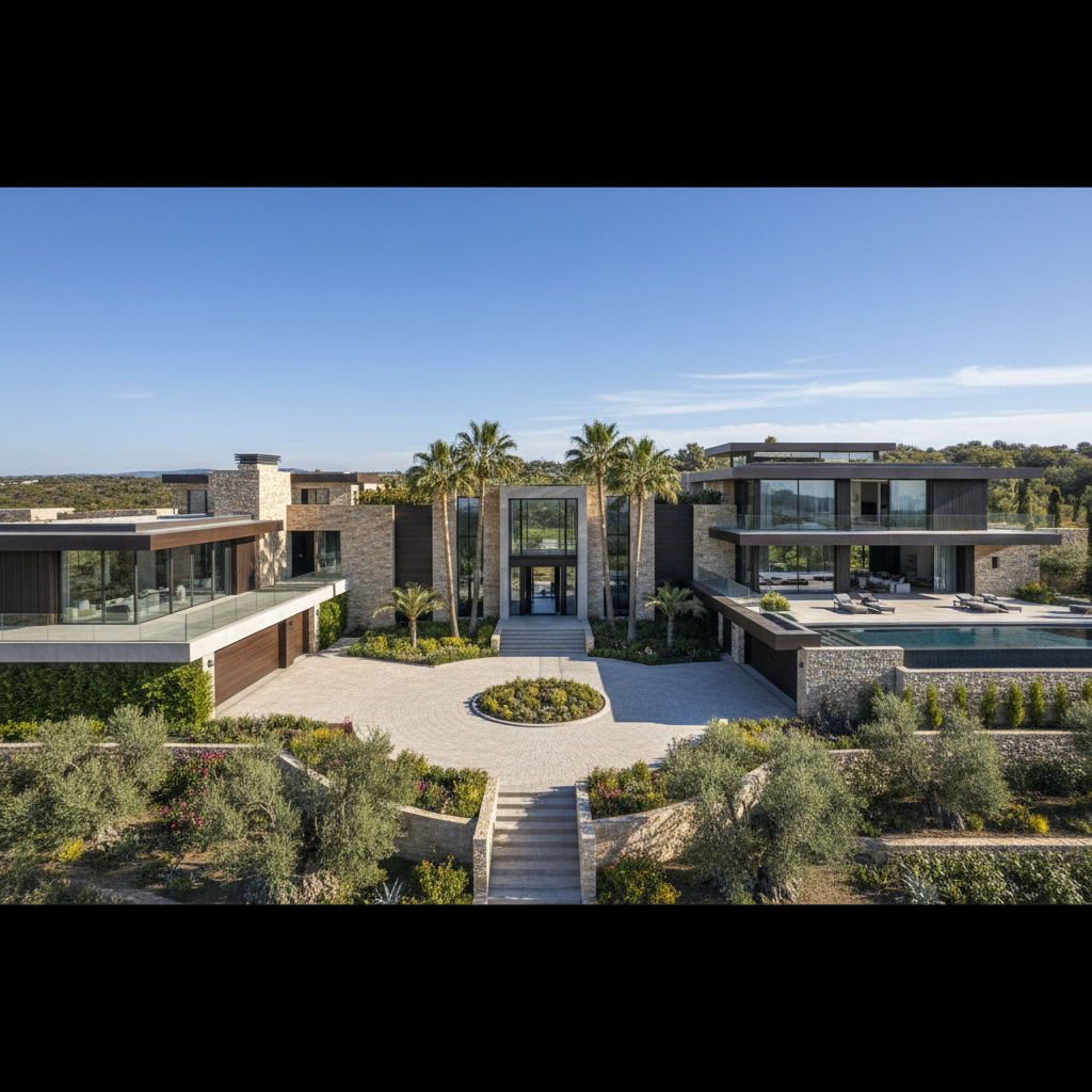 Modern luxury home exterior in Fort Myers Florida with circular driveway and tropical landscaping