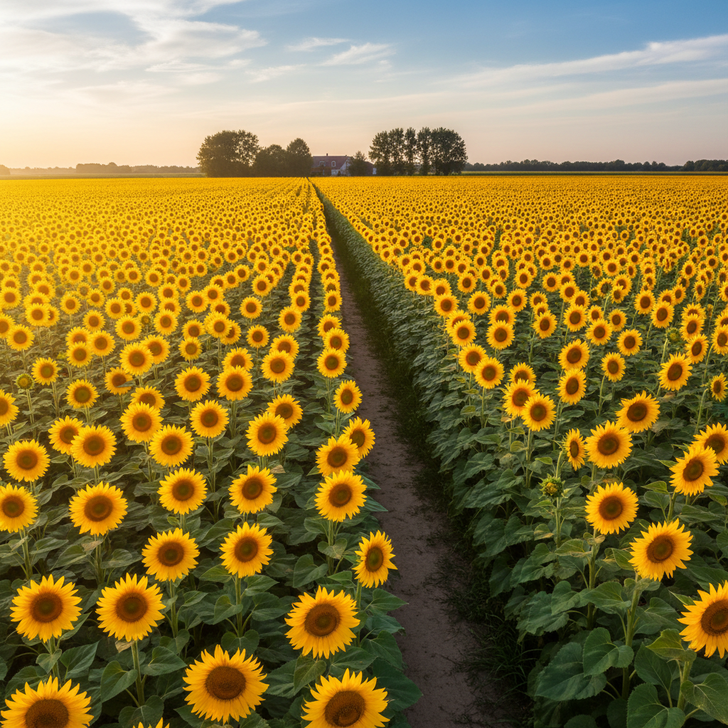 Bright sunflower field in full bloom under summer sky in Hungary