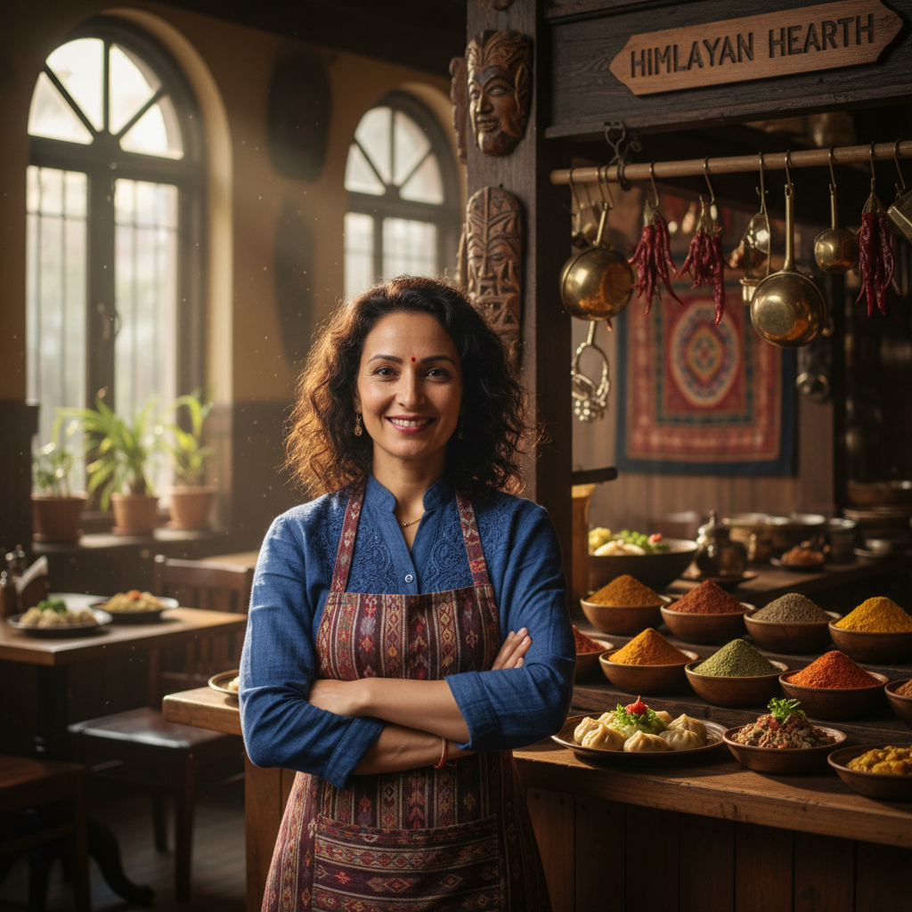 Lebanese woman food creator laughing in a warm kitchen with herbs and spices visible