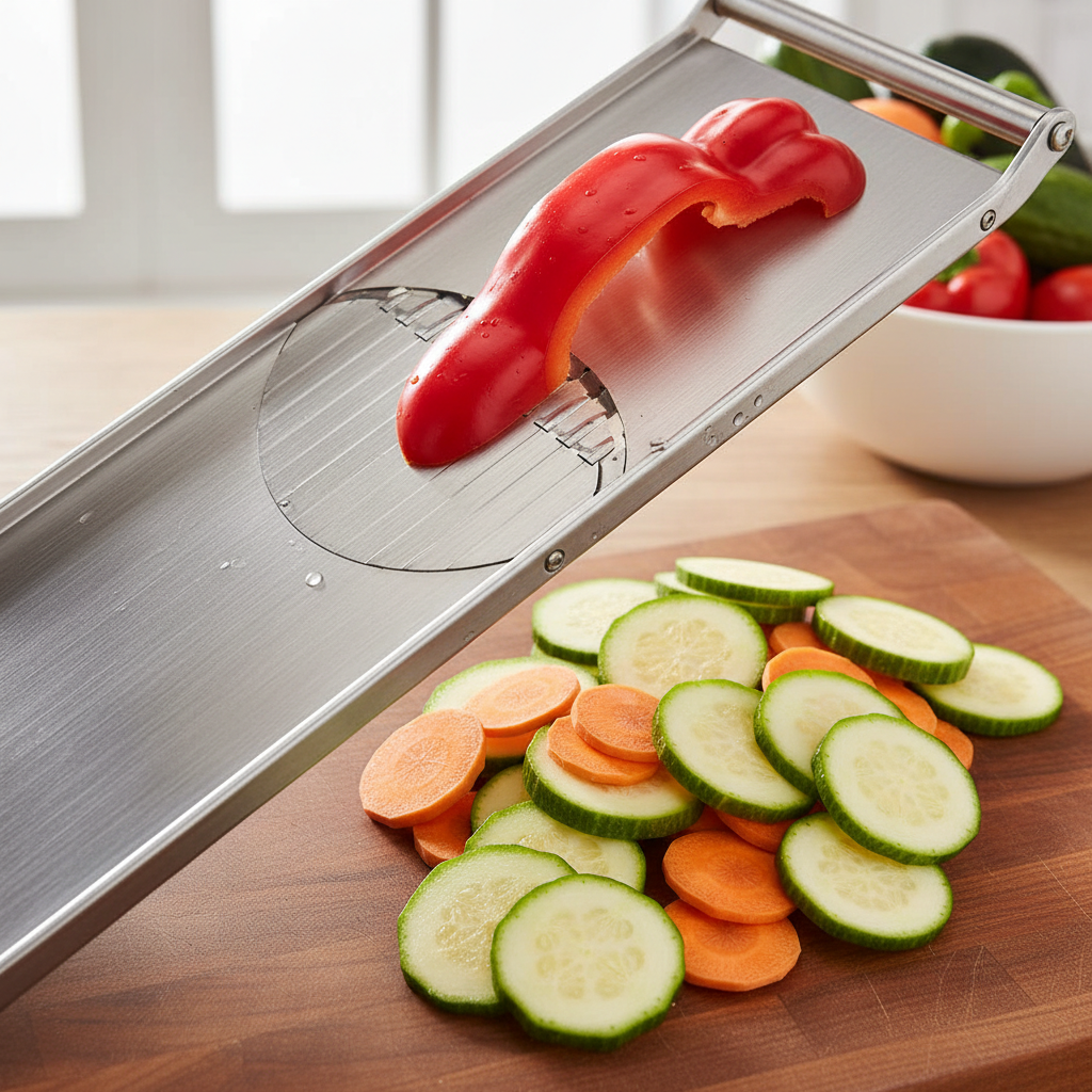 Mandoline slicer cutting thin uniform vegetable slices on kitchen prep table