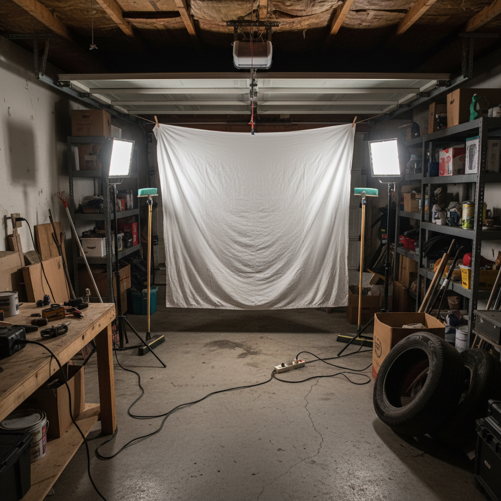 A makeshift photography studio in a garage with a white sheet backdrop and basic lighting