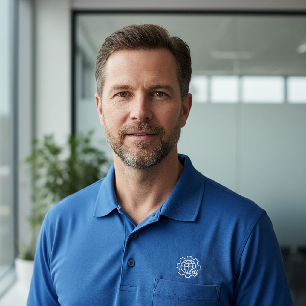 Professional headshot of middle-aged man with short brown hair in navy uniform