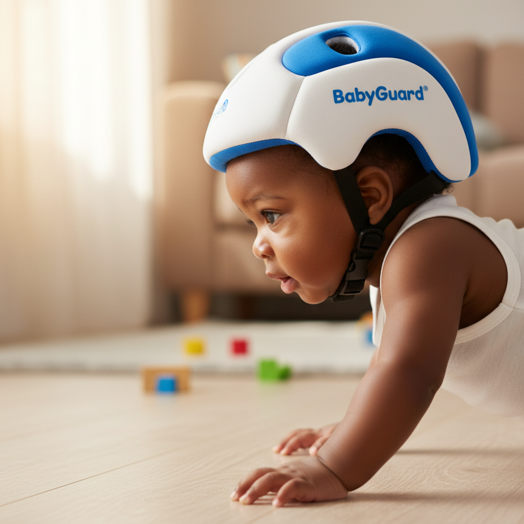 Nigerian baby wearing BabyGuard while crawling on floor, side profile view