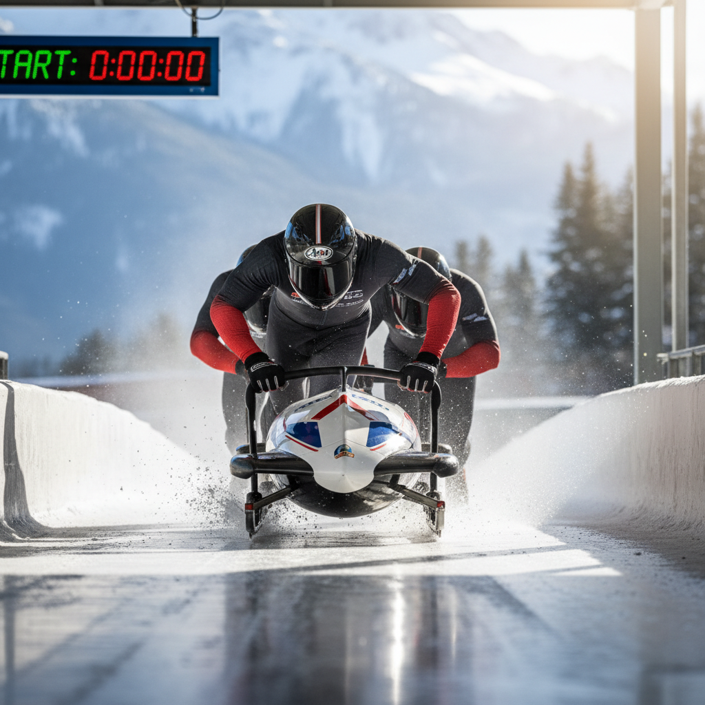 Bobsled crew pushing off at the start house, gloved hands gripping the push bar, spikes biting into ice