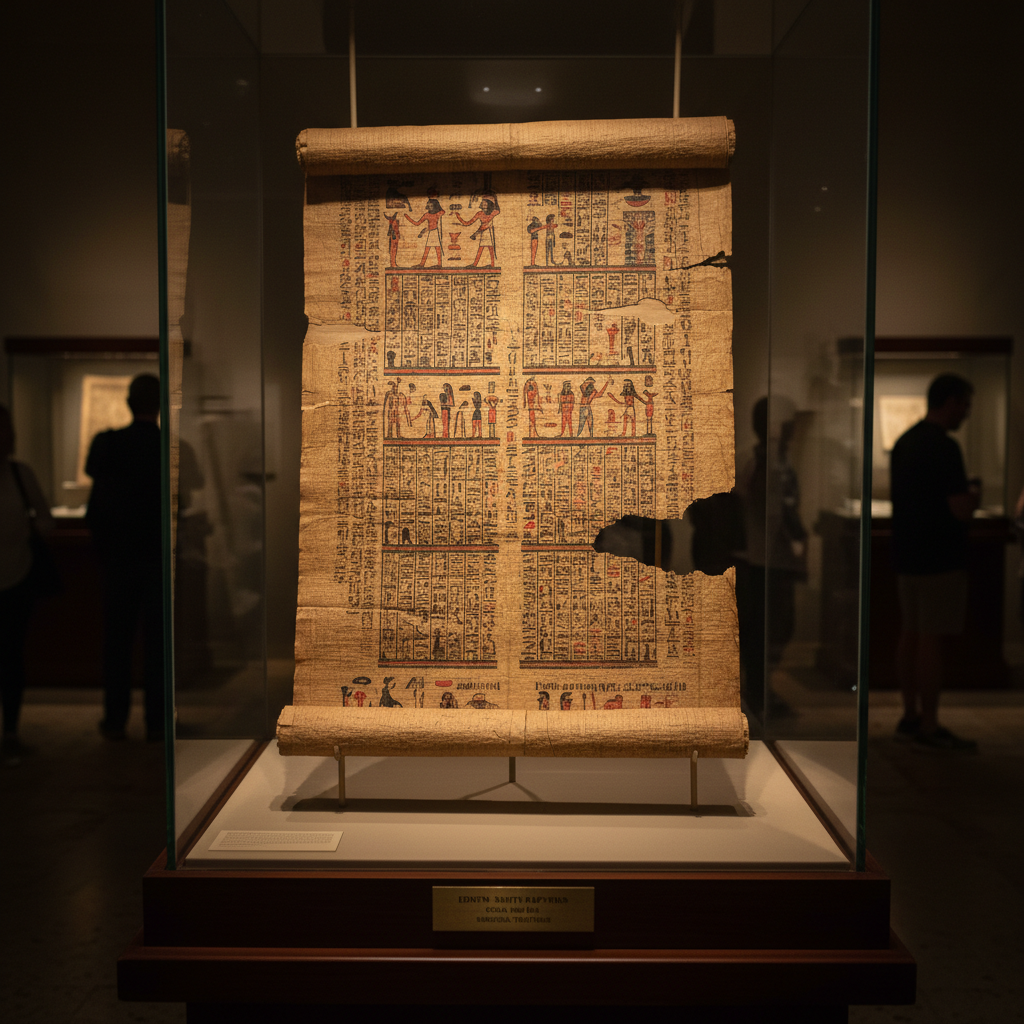 Ancient Egyptian medical papyrus with hieroglyphic text, yellowed with age, museum exhibit