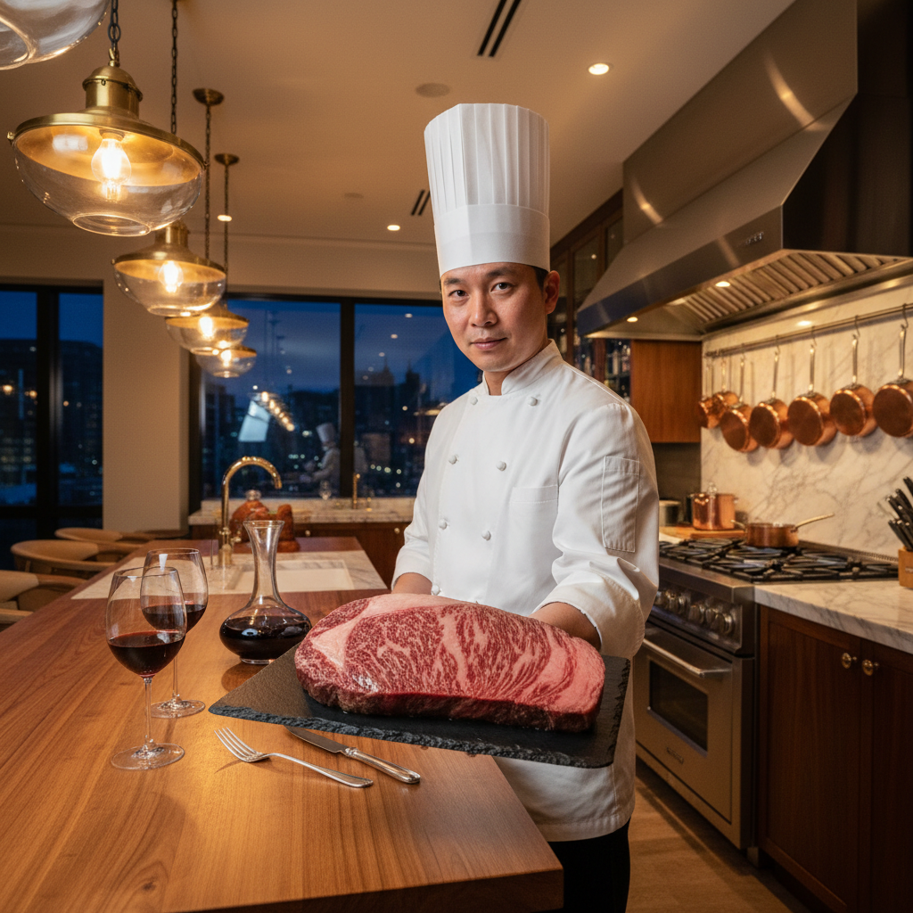 Premium Wagyu beef masterclass with wine pairing in a luxury kitchen setting