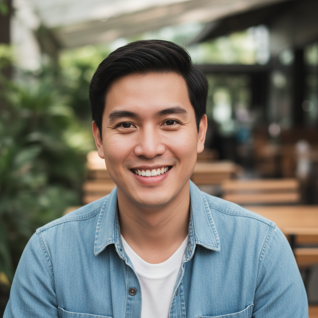 Asian American man in casual wear grinning, outdoor urban background