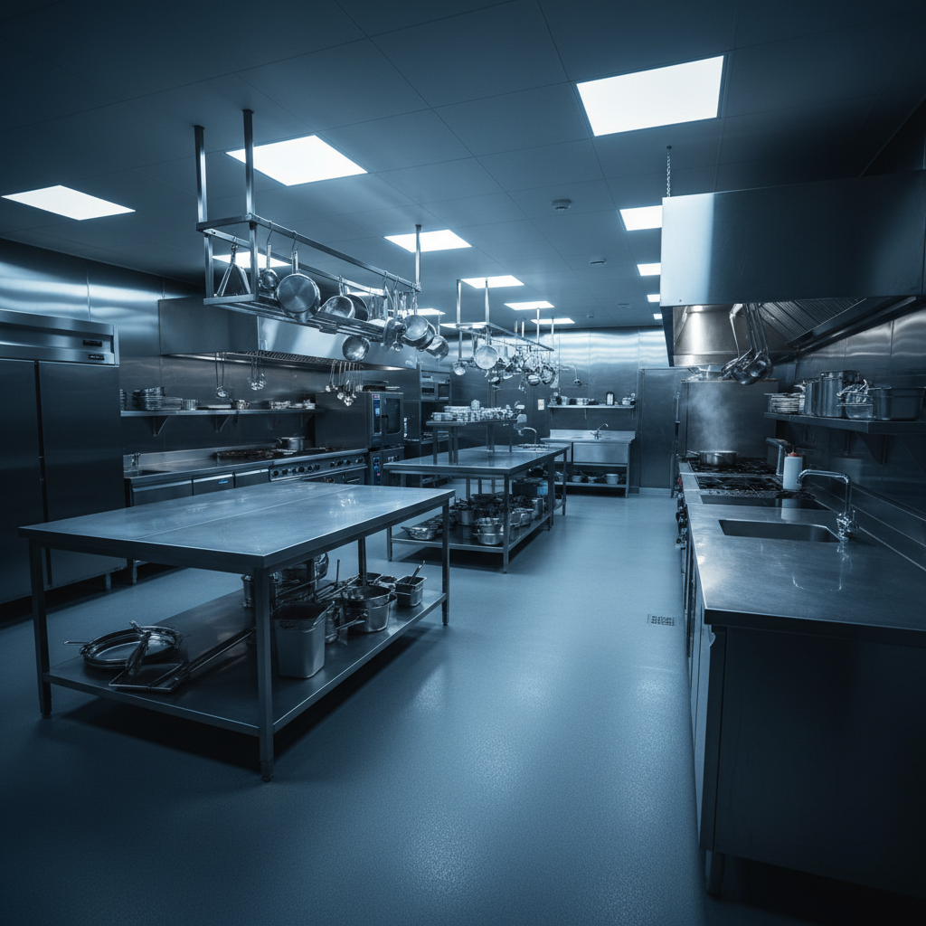 Professional commercial kitchen interior at night, stainless steel surfaces gleaming