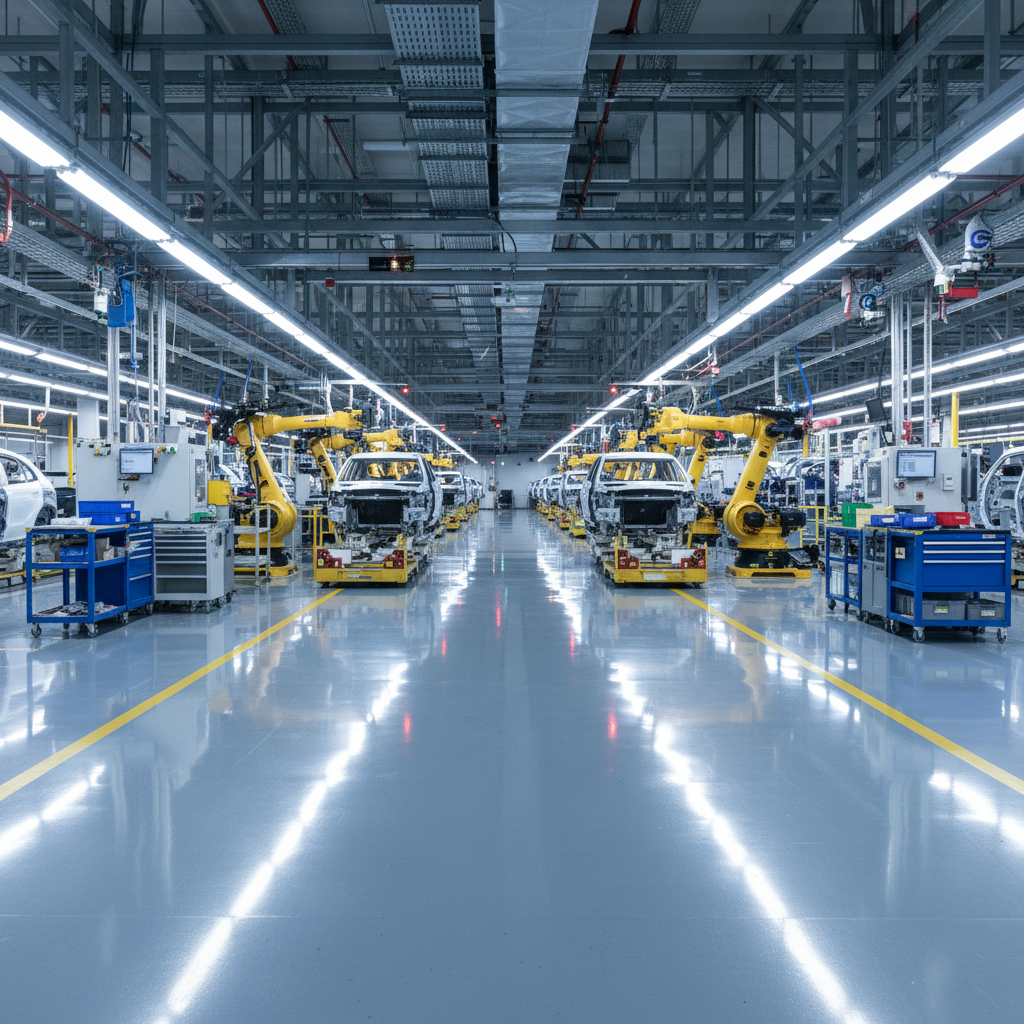 Aerospace facility hangar with concrete floors and infrastructure requiring industrial protective coating