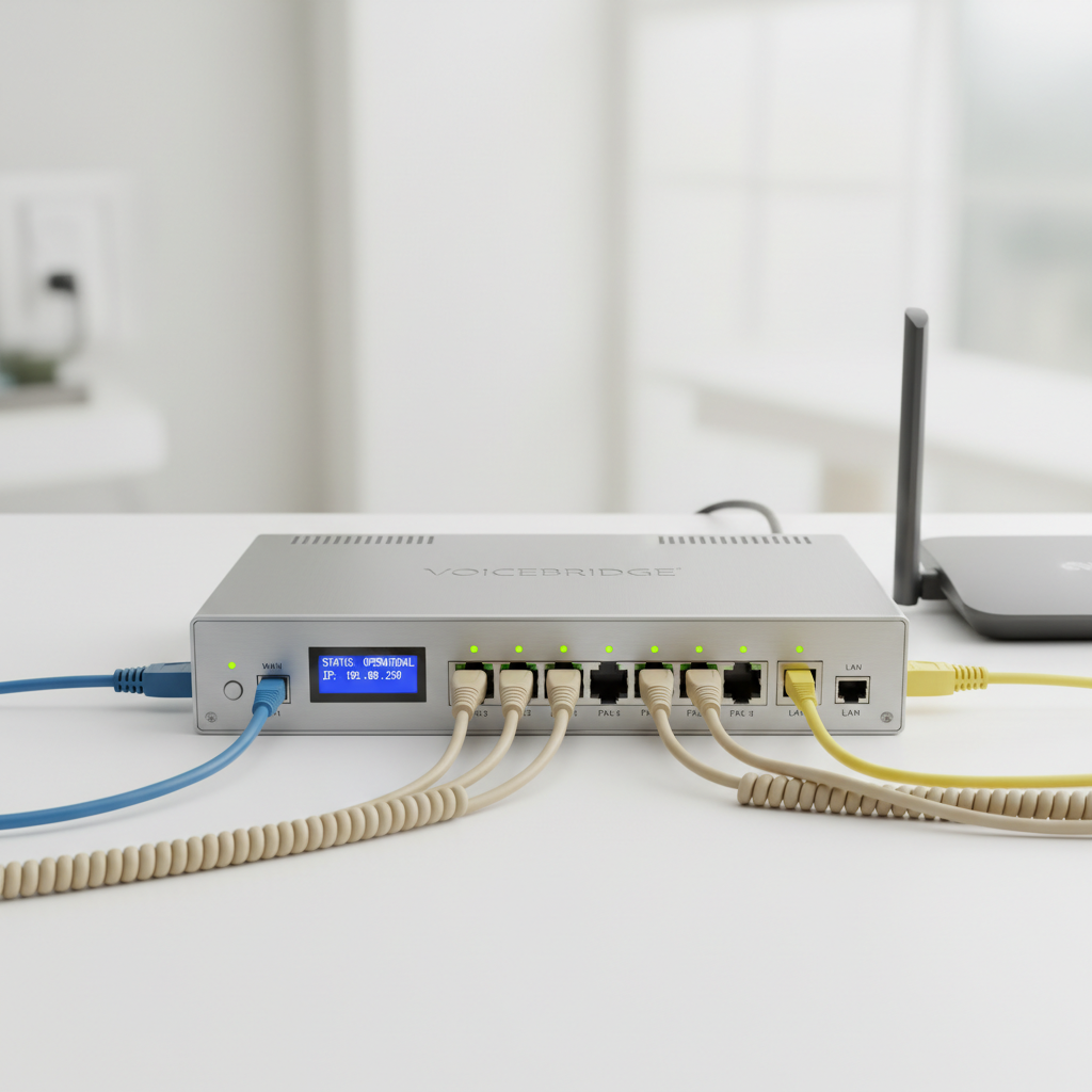 VoIP gateway hardware device connecting analog telephone lines to IP network infrastructure