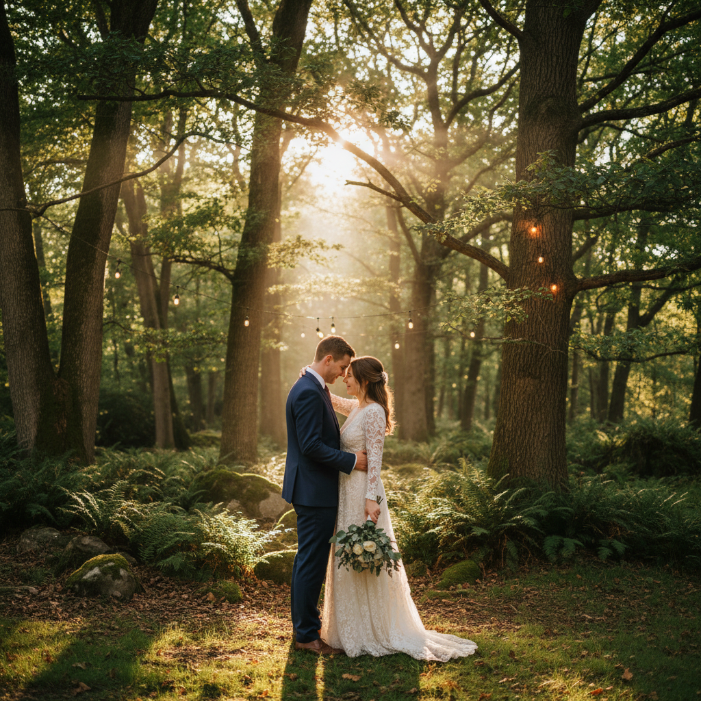 Post-wedding couple in misty forest