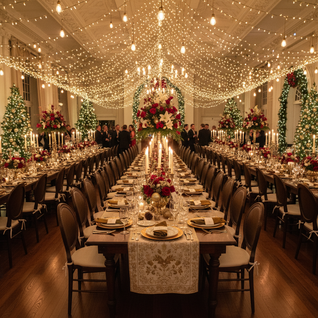 Festive holiday party table with colorful food displays in warmly decorated bright venue