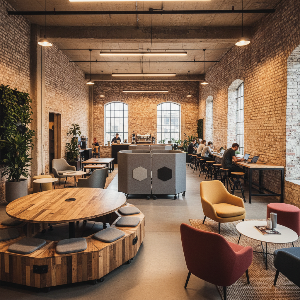 Coworking flagship space with exposed brick, warm lighting, and flexible collaborative furniture