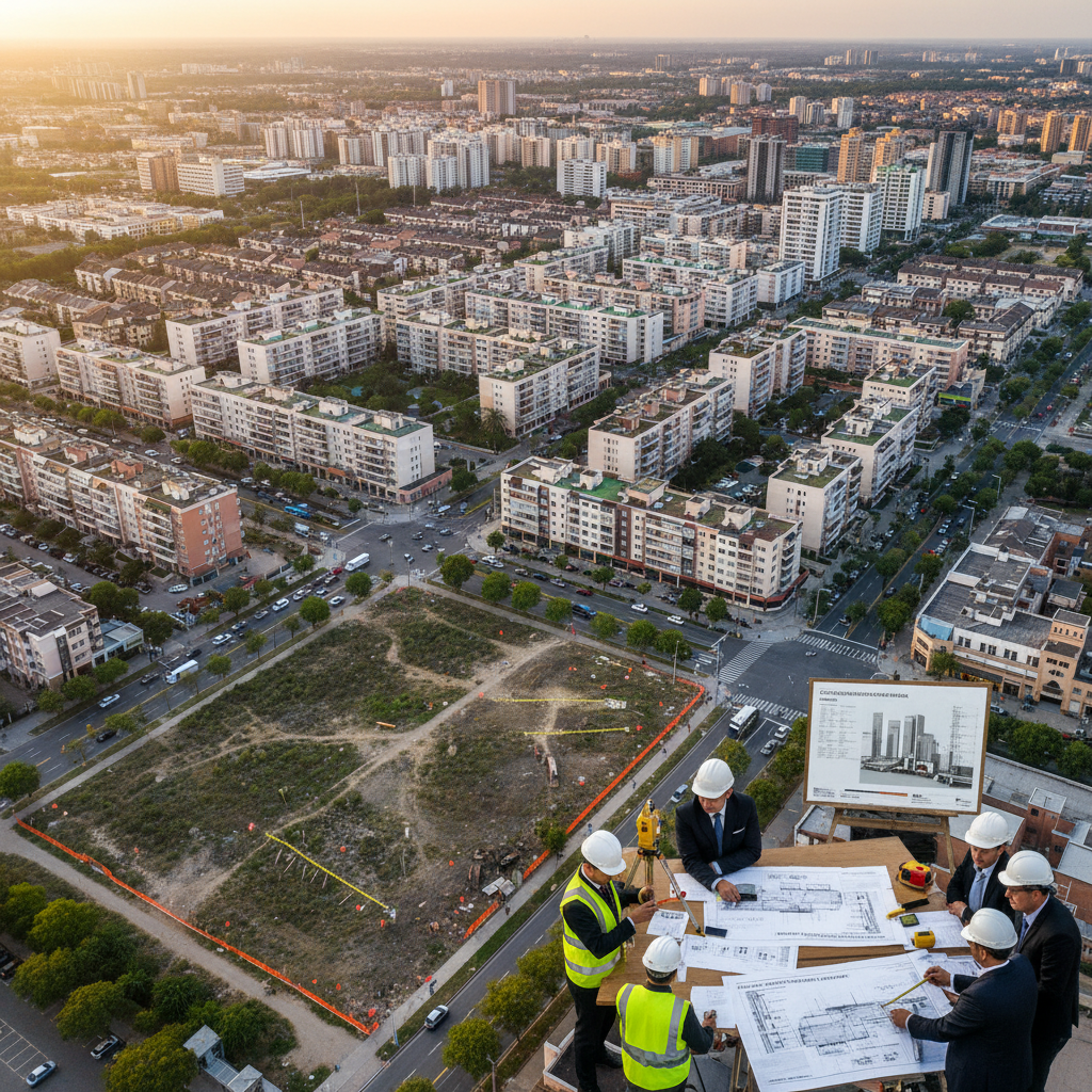 Engineer in hard hat reviewing blueprints on construction site, cranes and steel structure in background, dim industrial lighting