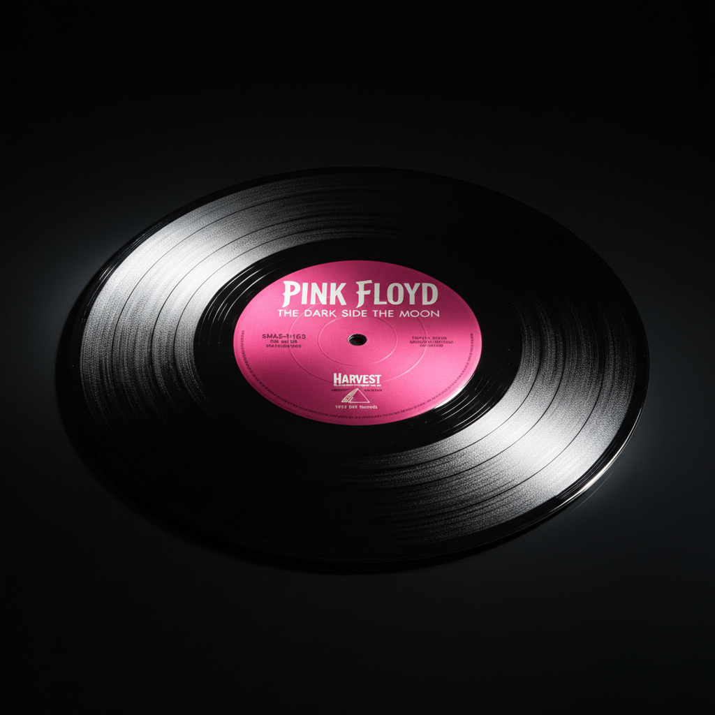 Original 1973 Pink Floyd vinyl record with dramatic single-source lighting showing label detail