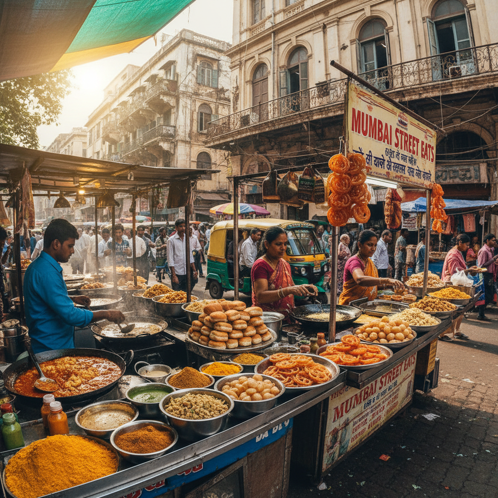 Colourful Mumbai street food stall with vibrant spices and fresh ingredients