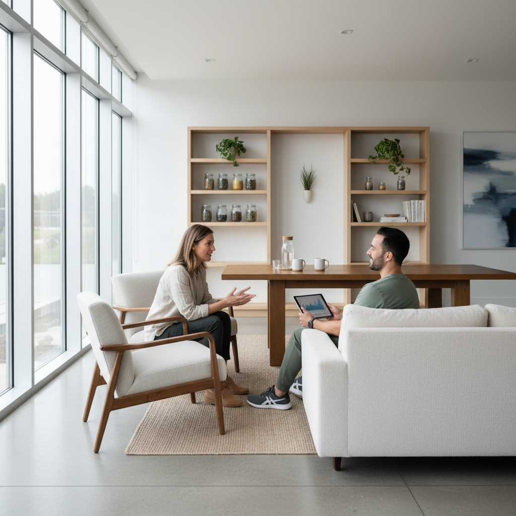 Two people in conversation across a clean desk with notebooks and planning materials, warm natural light