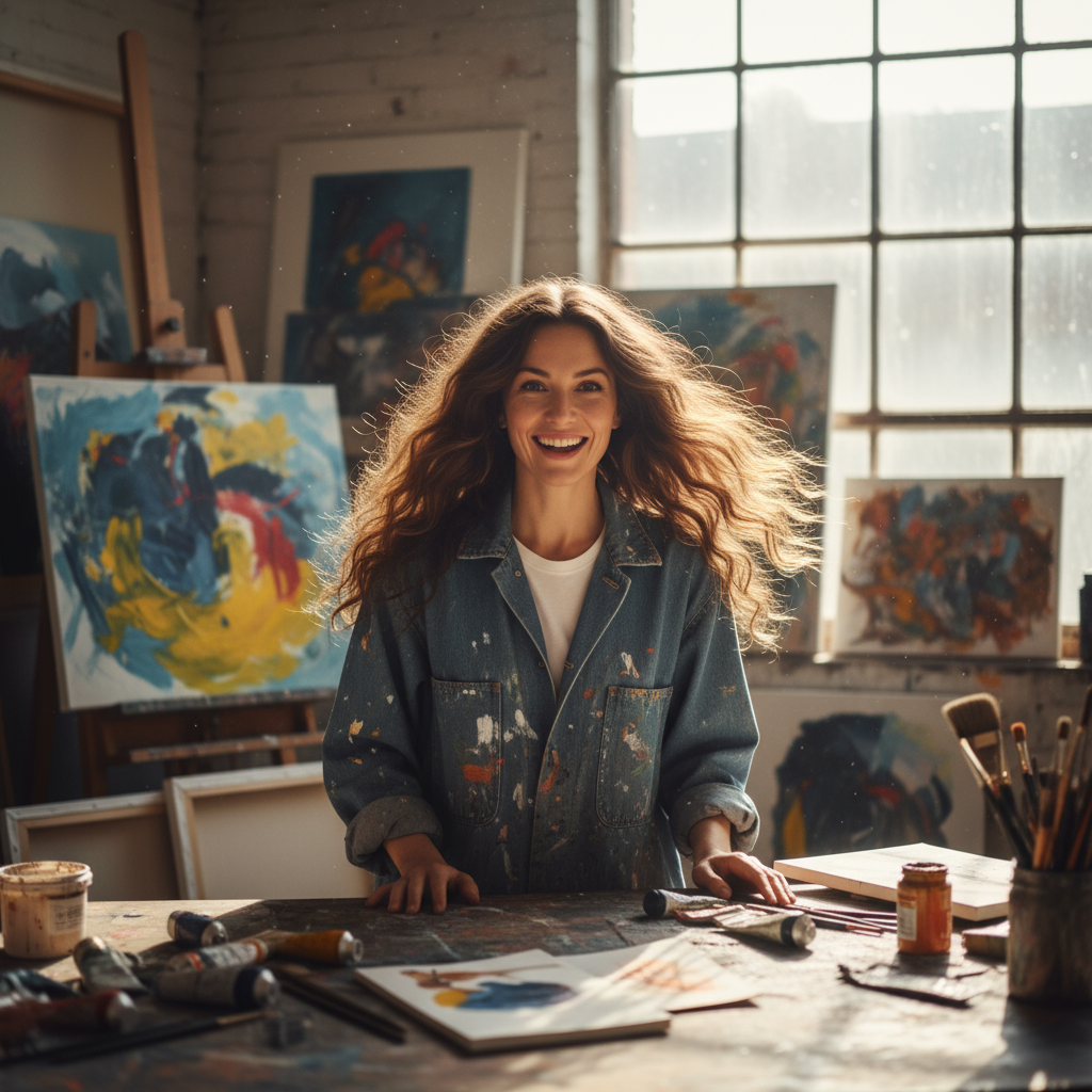 Creative woman with long dark hair wearing glasses in artistic workspace