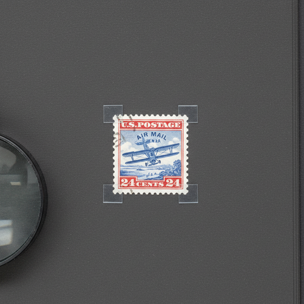 Close-up of a perfectly mounted Inverted Jenny stamp on dark philatelic album page