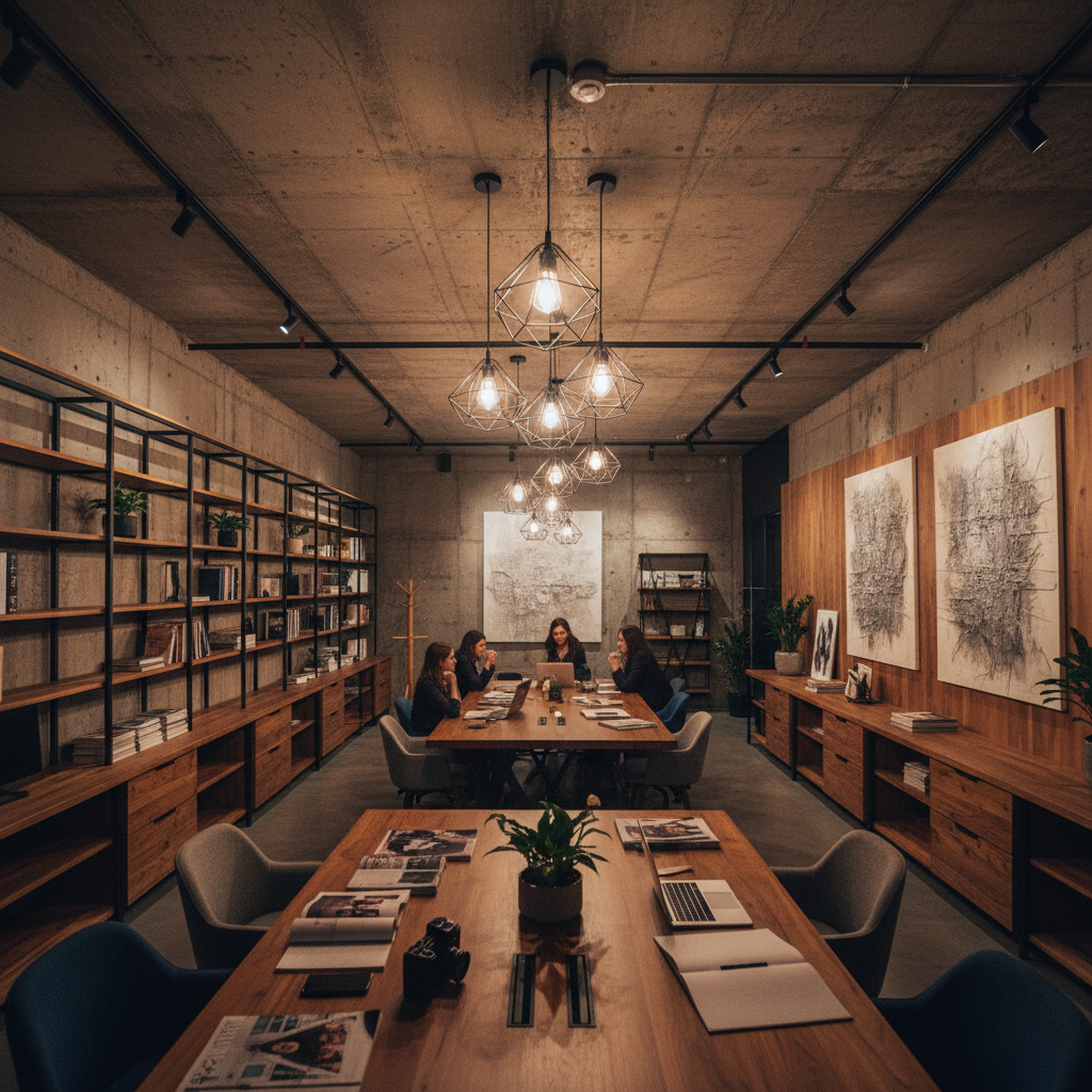 Contemporary office fit-out with exposed concrete ceiling, warm wood accents, industrial pendant lighting, dark steel frames, moody atmospheric workspace