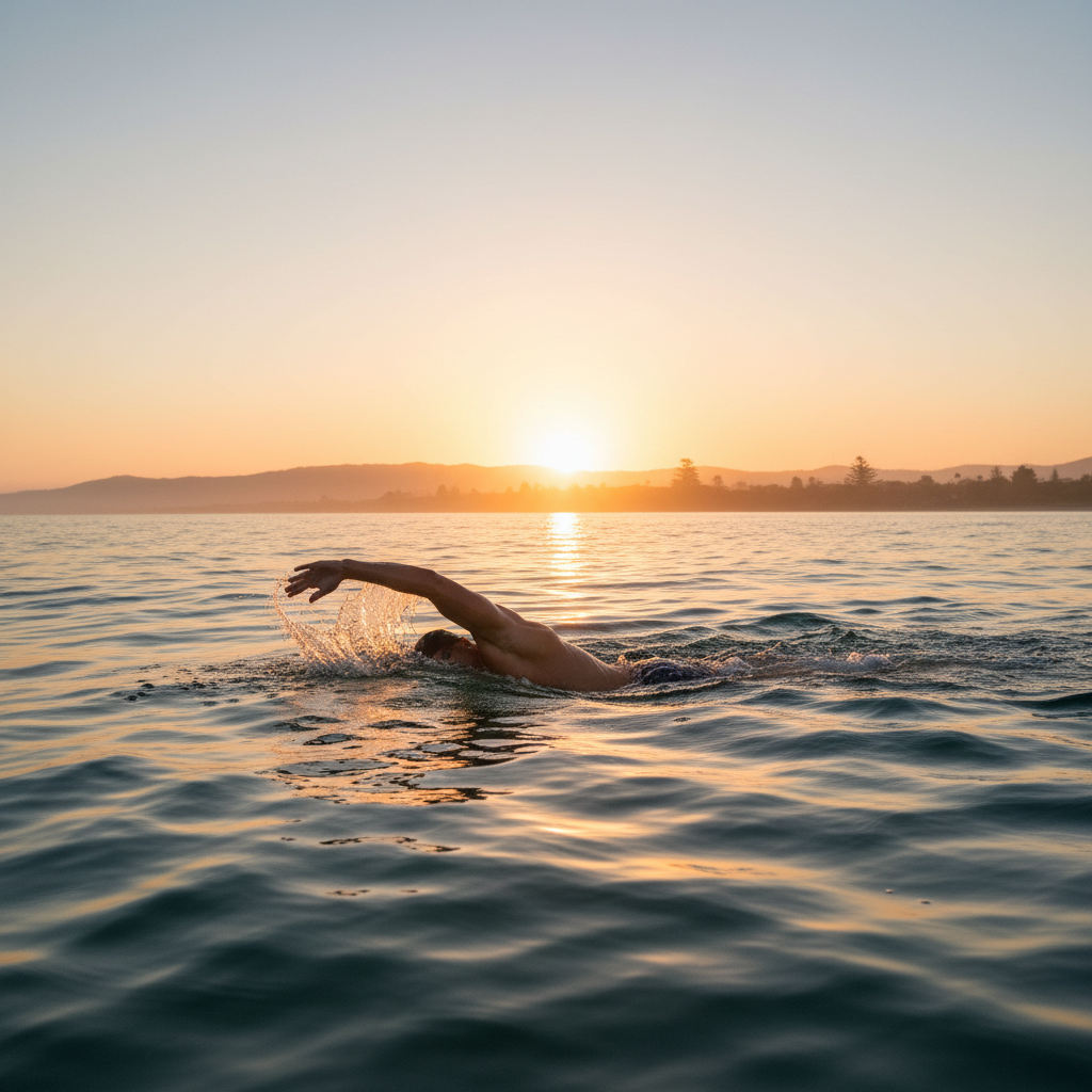 Swimmer in open water at dawn, arms reaching forward in a powerful freestyle stroke