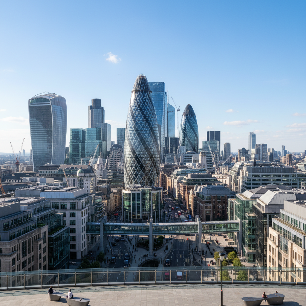 City of London financial district skyline with skyscrapers at dusk, atmospheric moody lighting, deep shadows, dark steel and glass towers
