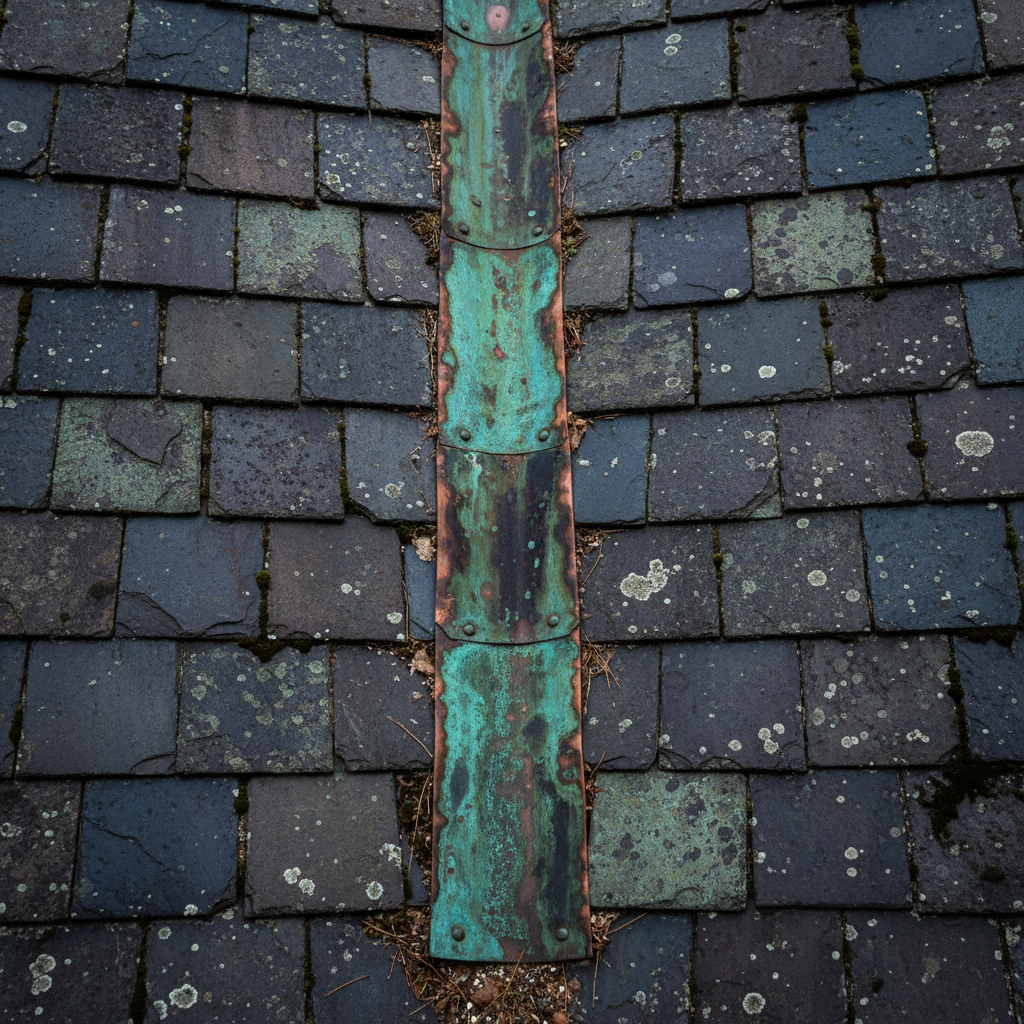 Close-up of aged slate roof tiles with copper valley flashing on a historic estate, showing original craftsmanship and weathered patina