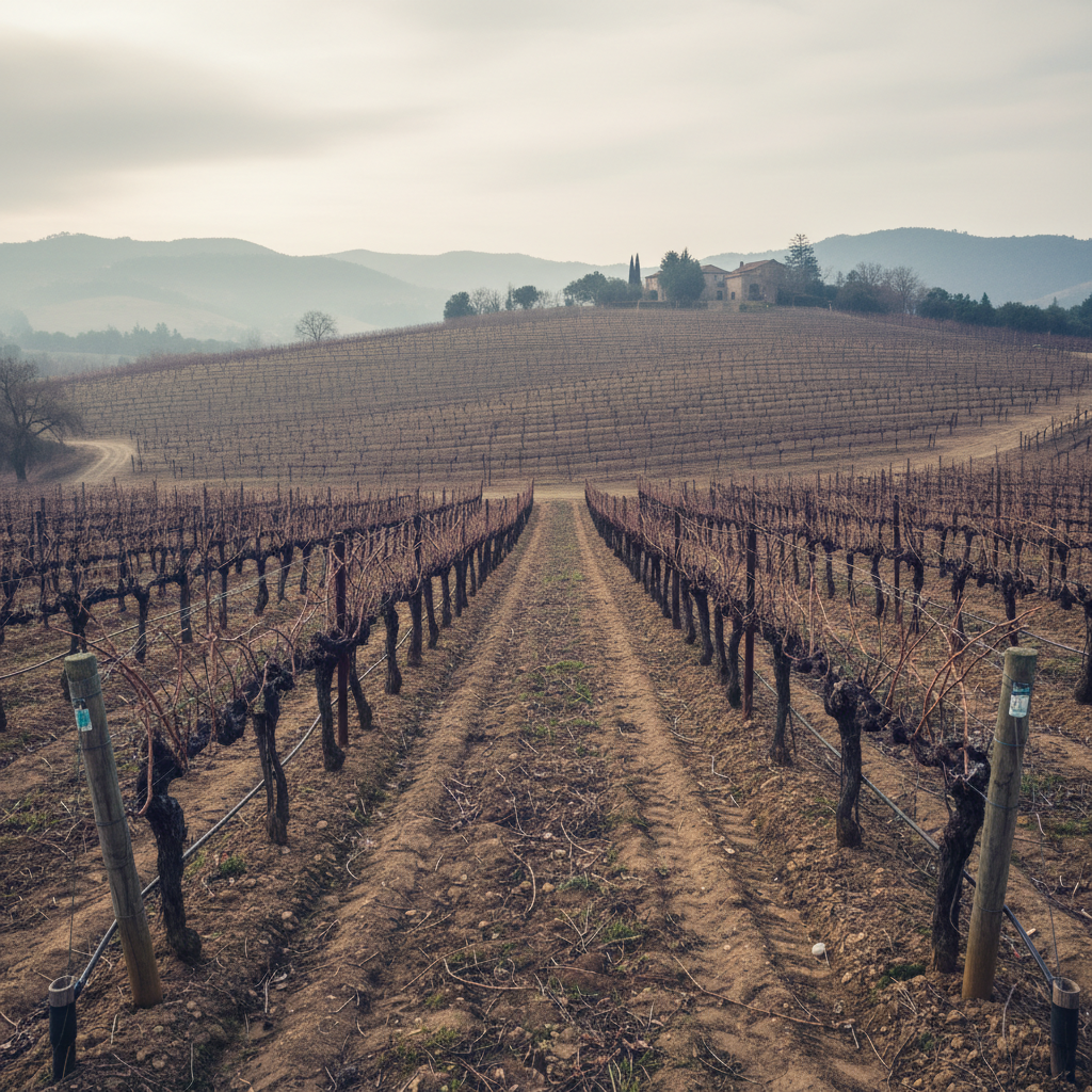Dormant winter Cabernet vines in bare rows on hillside estate vineyard