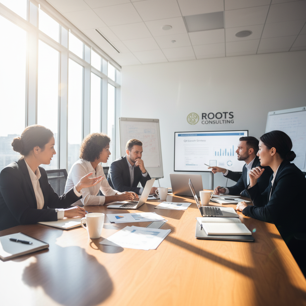 Business strategy session with documents and charts on a clean desk, bright professional office, warm natural light from large windows