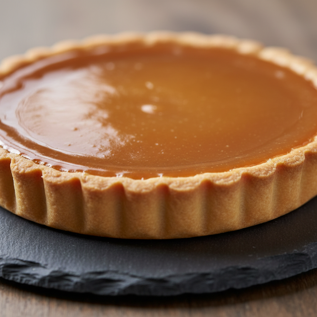 Elegant honey tart dessert on dark stone plate, caramelised amber tones, fine pastry, candlelight reflection, dark restaurant atmosphere
