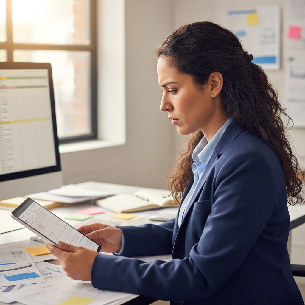 Hispanic woman in professional attire with tablet in aerospace engineering office