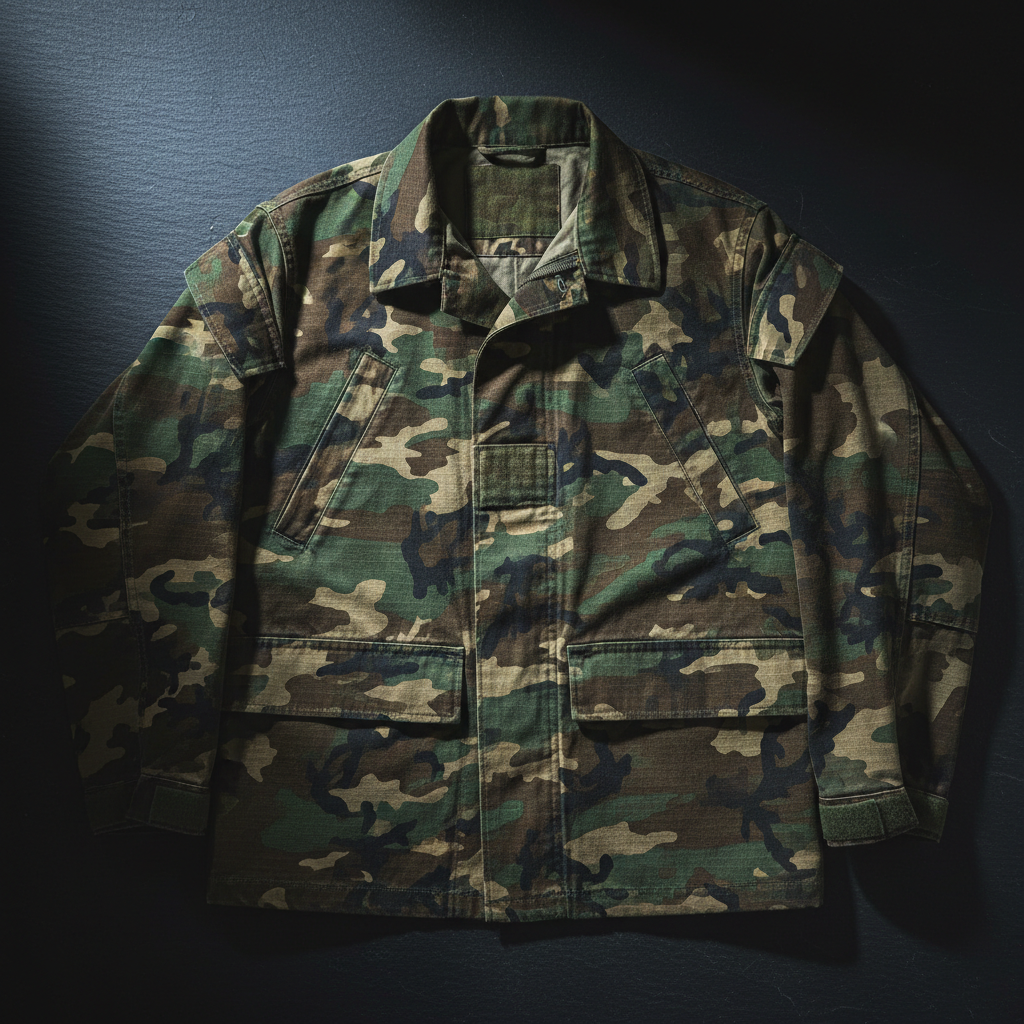 Dark cargo pants laid flat on black matte surface, moody product shot with stark shadows