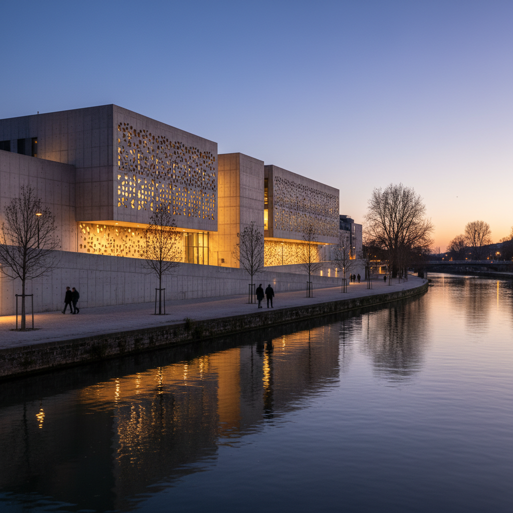 Exterior view of the pavilion at dusk with warm interior light glowing through shoji screens