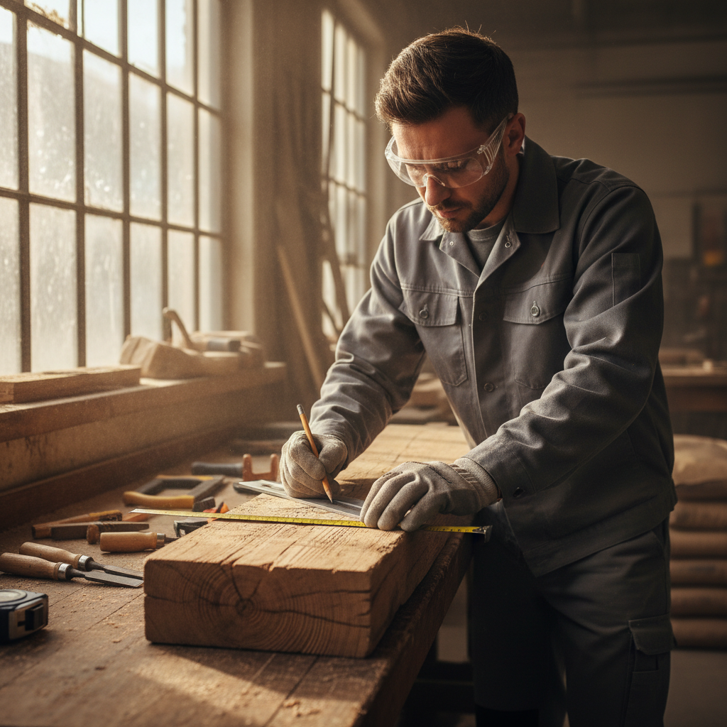 Construction worker carefully measuring and installing materials, professional craftsmanship, natural light