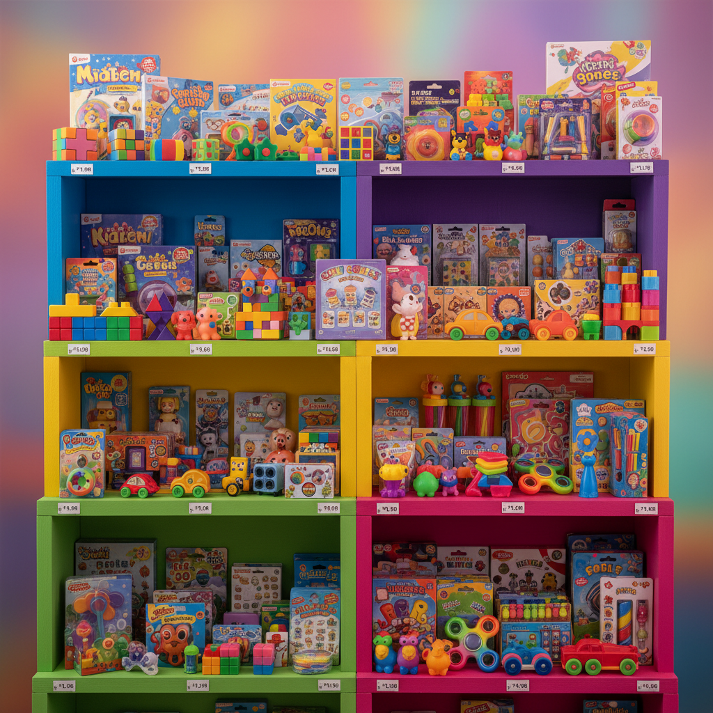 Assortment of small colorful toys and games priced under fifteen dollars arranged on bright shelves