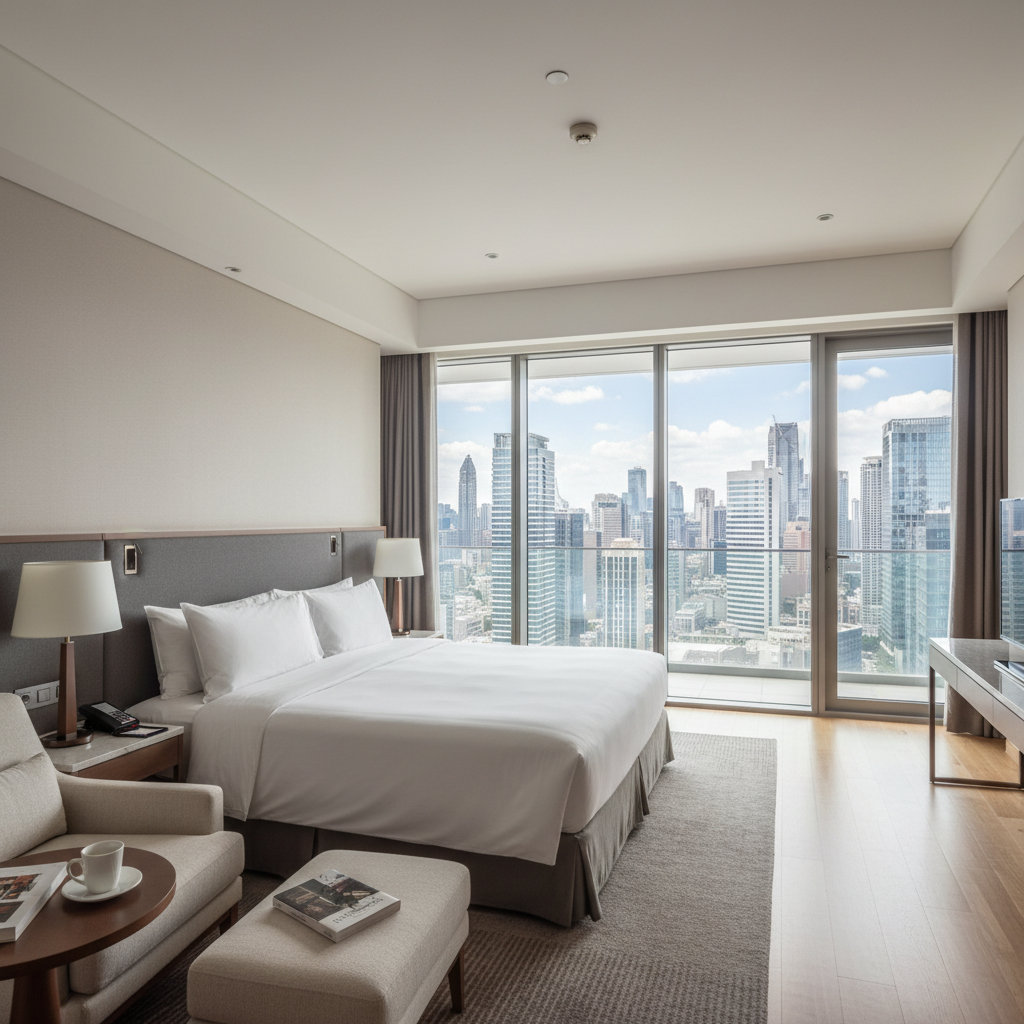 Spacious deluxe room with double bed, modern furnishings, large window with natural light