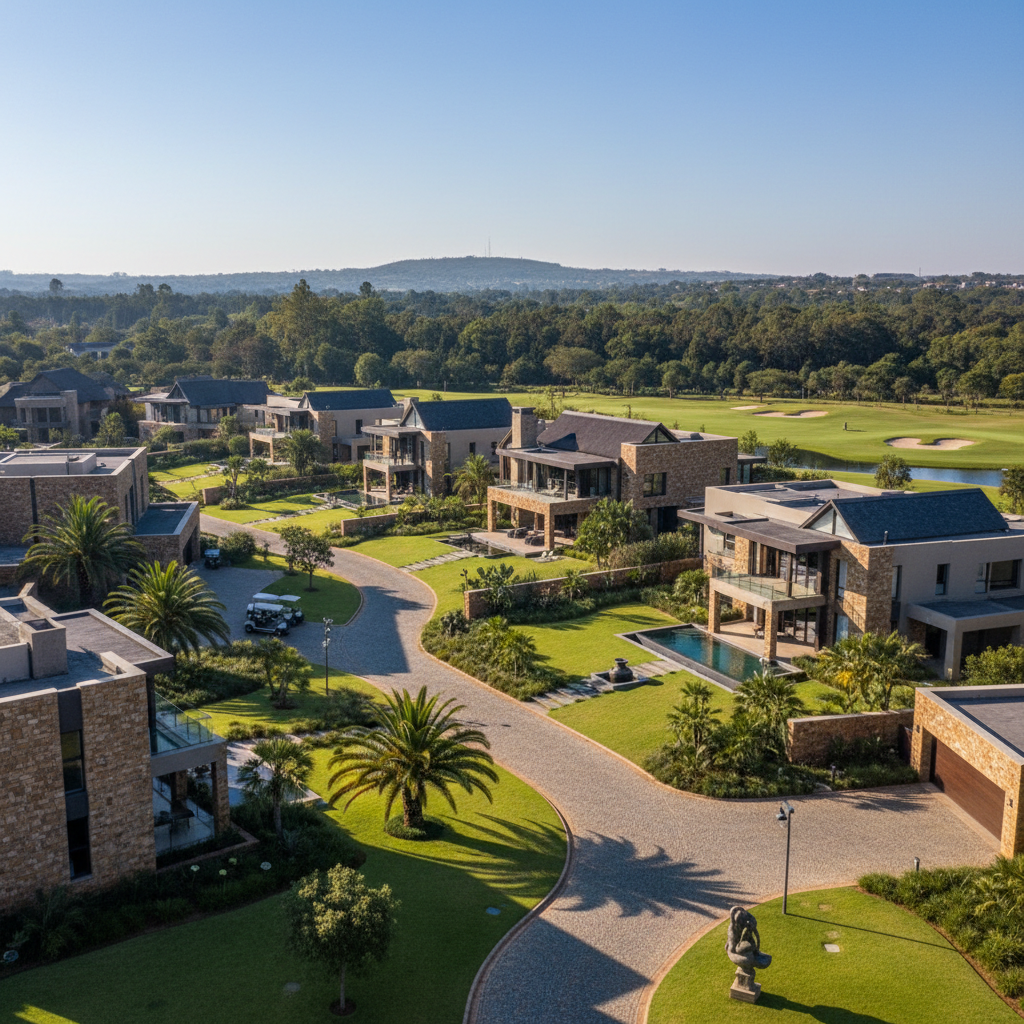 Luxury estate homes in Steyn City, manicured gardens, upscale residential area, bright afternoon light