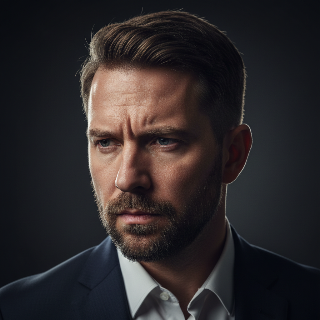 Close-up editorial portrait of James Okafor, policy analyst, dark background with rim lighting